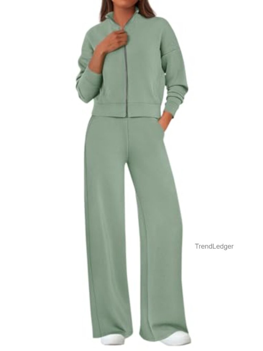 Women's 2 Piece Lounge Set: Knit Zip-Up Jacket & Wide Leg Pants